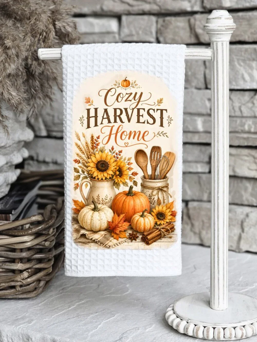 Cozy Harvest Home Kitchen Towel, Fall Pumpkin Dish Towel